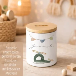 Kinderspardose mit Namen – Personalisierte Spardose aus Keramik mit Bambusdeckel