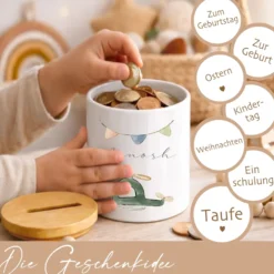 Kinderspardose mit Namen – Personalisierte Spardose aus Keramik mit Bambusdeckel