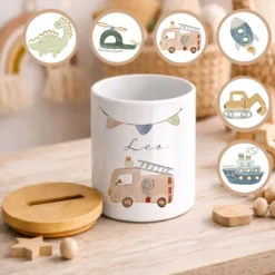 Kinderspardose mit Namen – Personalisierte Spardose aus Keramik mit Bambusdeckel