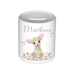 Kinder Spardose Tiermotiv Schaf mit Namen für Mädchen | Personalisiertes Geschenk für Kinder | Originelles Geldgeschenk u. handgefertigte Geschenkidee | 11 Motive zur Auswahl