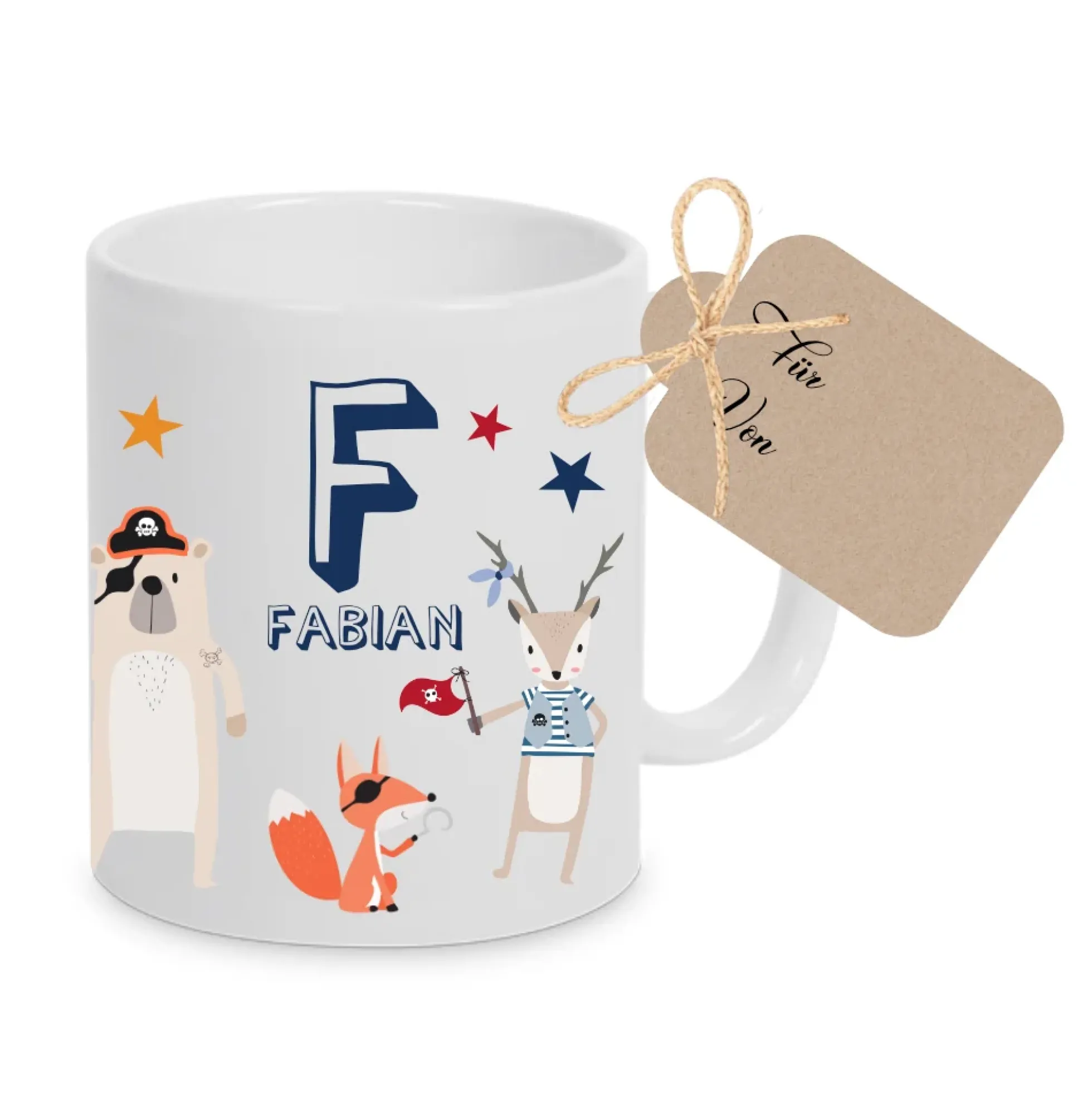 Kindertasse aus Keramik mit Namen für Jungen | Motiv "Piraten" | Namenstasse für Kinder