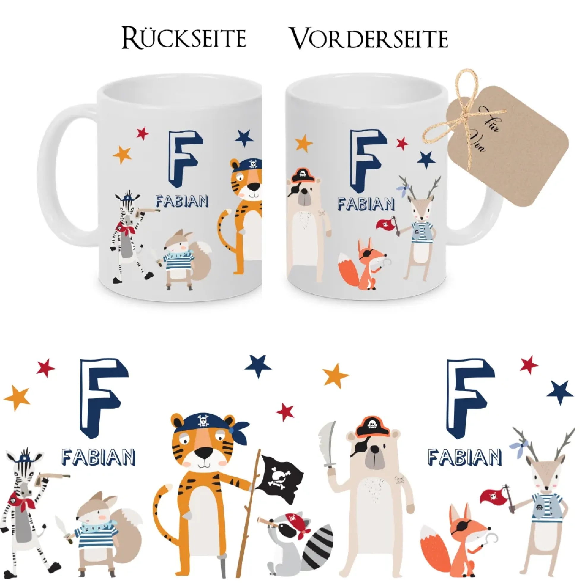 Kindertasse aus Keramik mit Namen für Jungen | Motiv "Piraten" | Namenstasse für Kinder