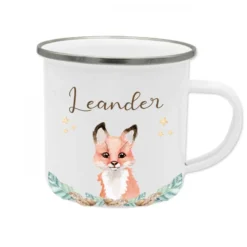 Kindertasse Fuchs mit Namen des Kindes | Trinkbecher aus Emaille für Mädchen u. Jungen I Personalisierte Tasse als tolles Geschenk | 4 Motivvarianten zur Auswahl