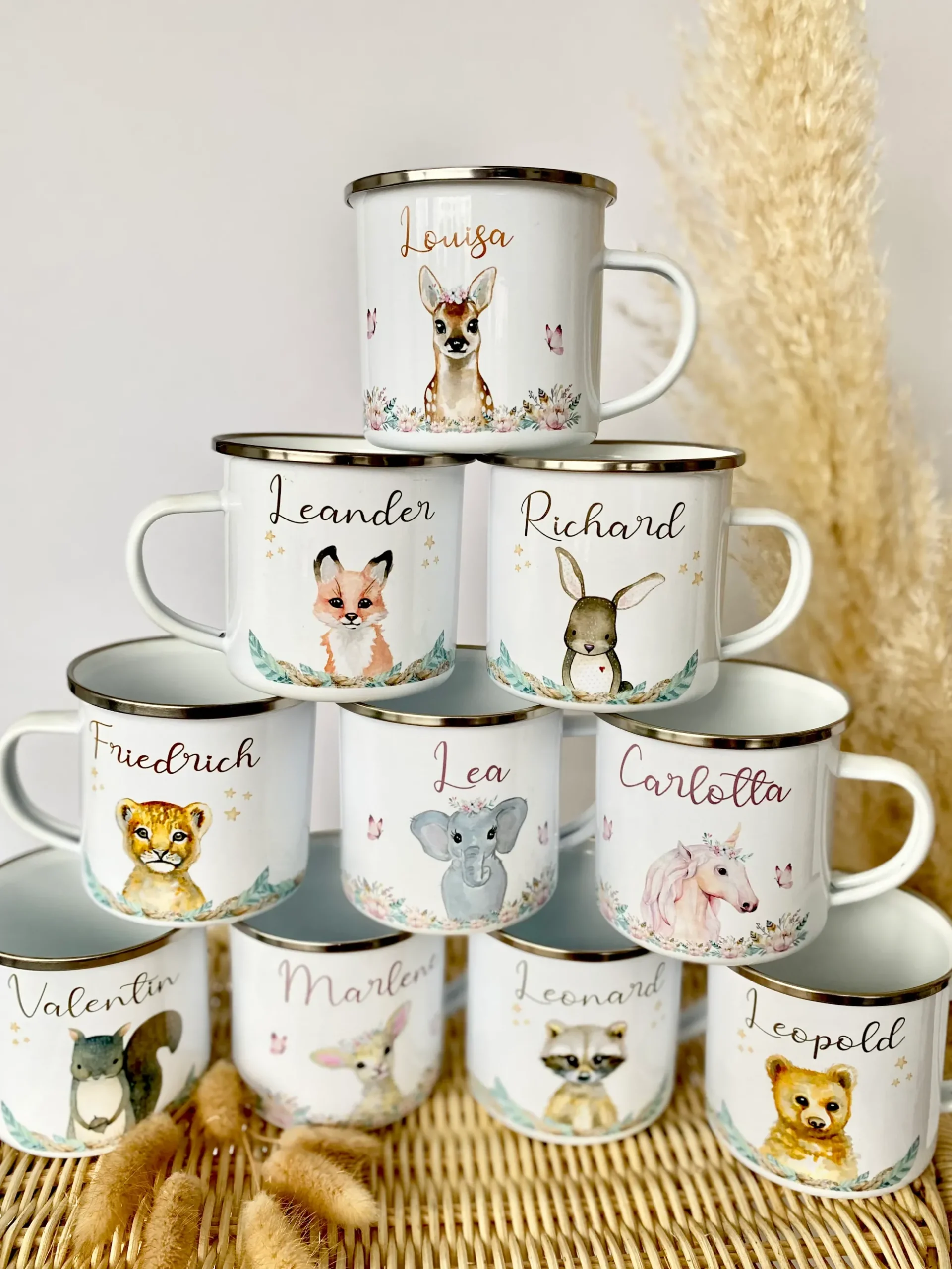 Kindertasse Fuchs mit Namen des Kindes | Trinkbecher aus Emaille für Mädchen u. Jungen I Personalisierte Tasse als tolles Geschenk | 4 Motivvarianten zur Auswahl