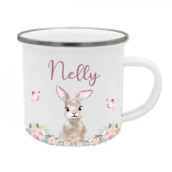 Kindertasse Hase mit Namen des Kindes | Trinkbecher aus Emaille für Mädchen I Personalisierte Tasse als tolles Geschenk | 4 Motivvarianten zur Auswahl