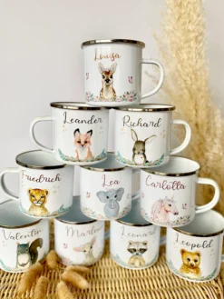 Kindertasse Hase mit Namen des Kindes | Trinkbecher aus Emaille für Mädchen I Personalisierte Tasse als tolles Geschenk | 4 Motivvarianten zur Auswahl