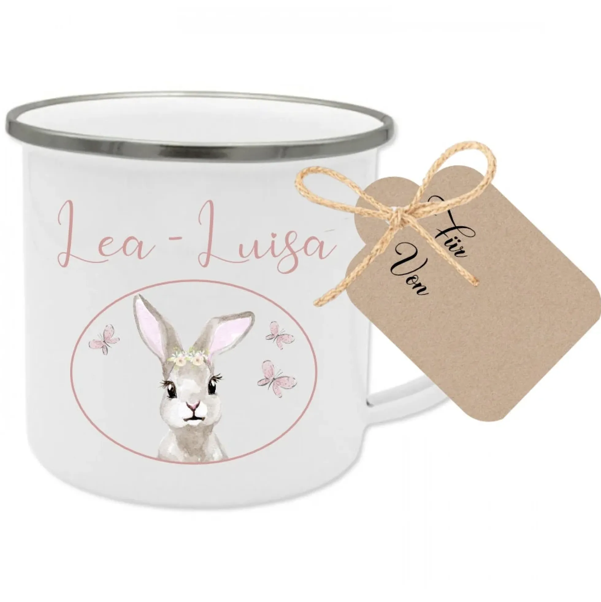 Kindertasse "Hase" mit Namen des Kindes | Trinkbecher aus Emaille für Mädchen u. Jungen | Niedliche Tasse mit Geschenkanhänger | 5 Motivvarianten zur Auswahl