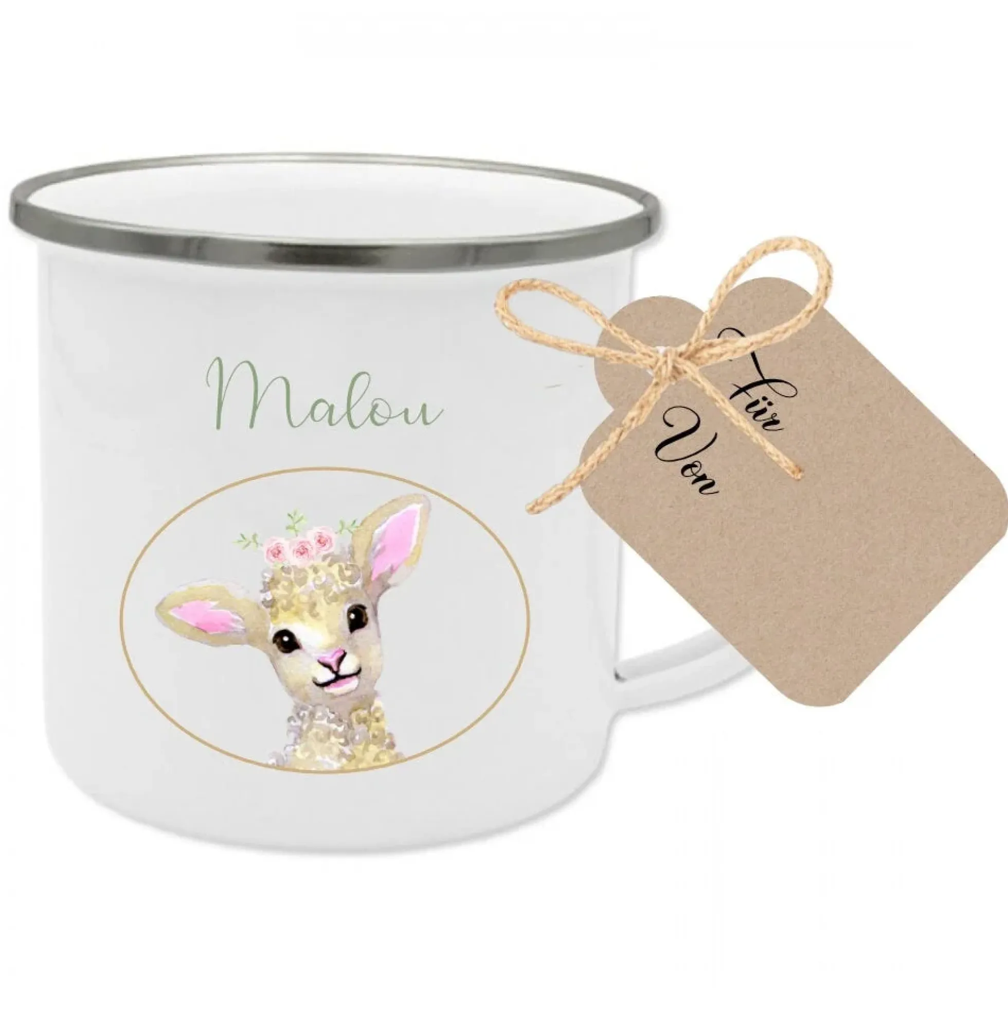Kindertasse "Hase" mit Namen des Kindes | Trinkbecher aus Emaille für Mädchen u. Jungen | Niedliche Tasse mit Geschenkanhänger | 5 Motivvarianten zur Auswahl