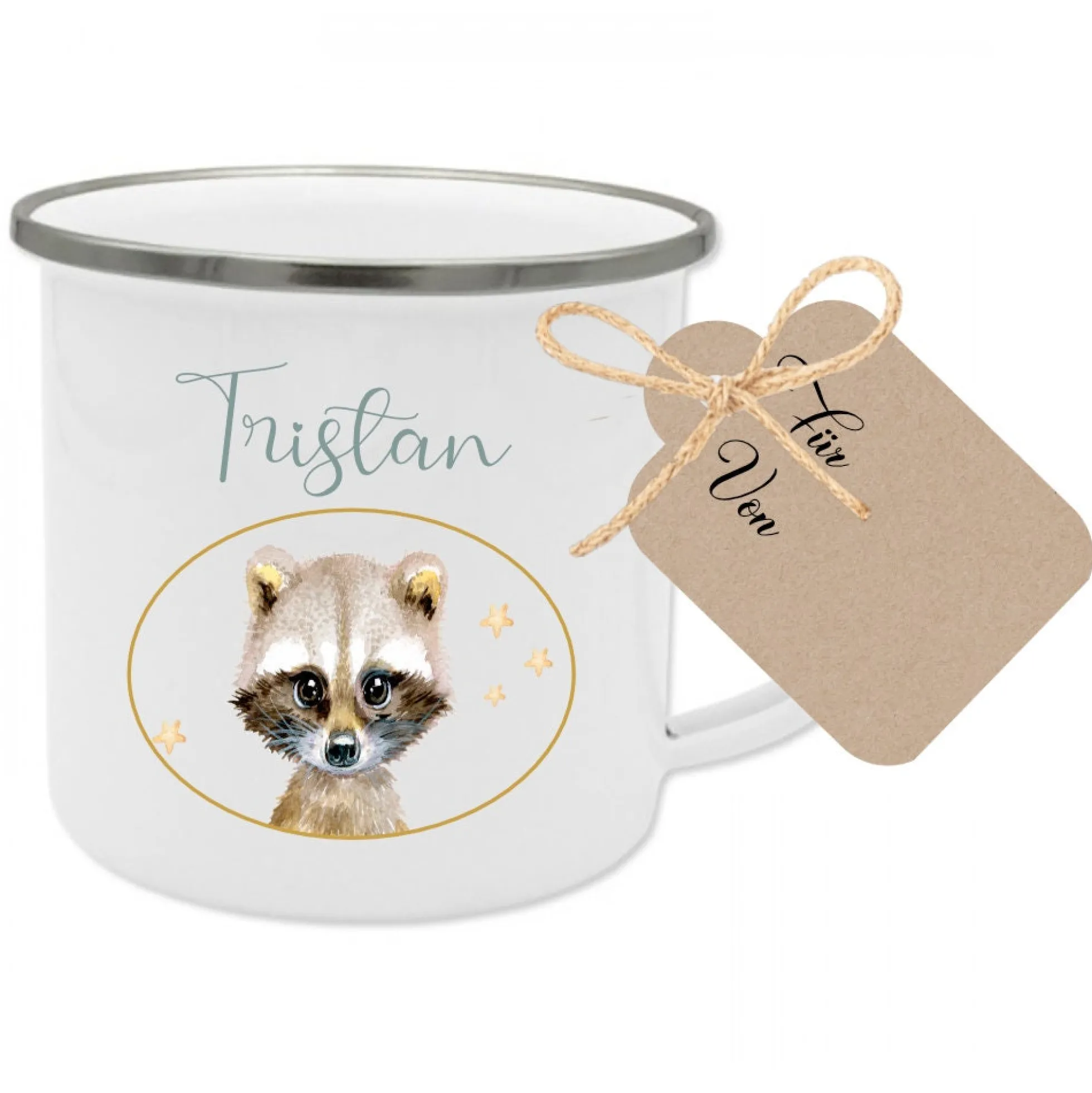 Kindertasse "Hase" mit Namen des Kindes | Trinkbecher aus Emaille für Mädchen u. Jungen | Niedliche Tasse mit Geschenkanhänger | 5 Motivvarianten zur Auswahl