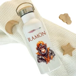 Kinder Trinkflasche "Affe" personalisiert für Jungen / Teenager mit Namen | Edelstahl Thermosflasche Schimpanse mit Bambusdeckel | Kita Schule 500ml