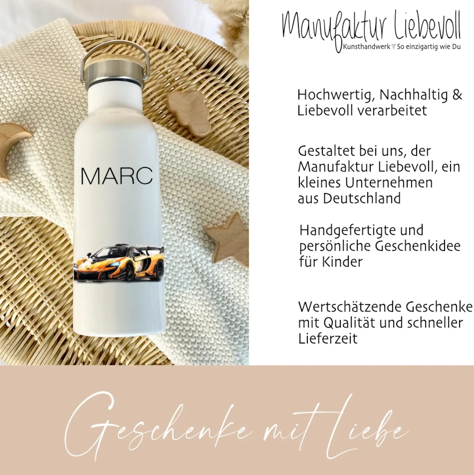 Kinder Trinkflasche "Auto" für Kinder mit Namen personalisiert | Thermosflasche Rennauto aus Edelstahl mit Bambusdeckel für Jungen & Teenager | 500ml