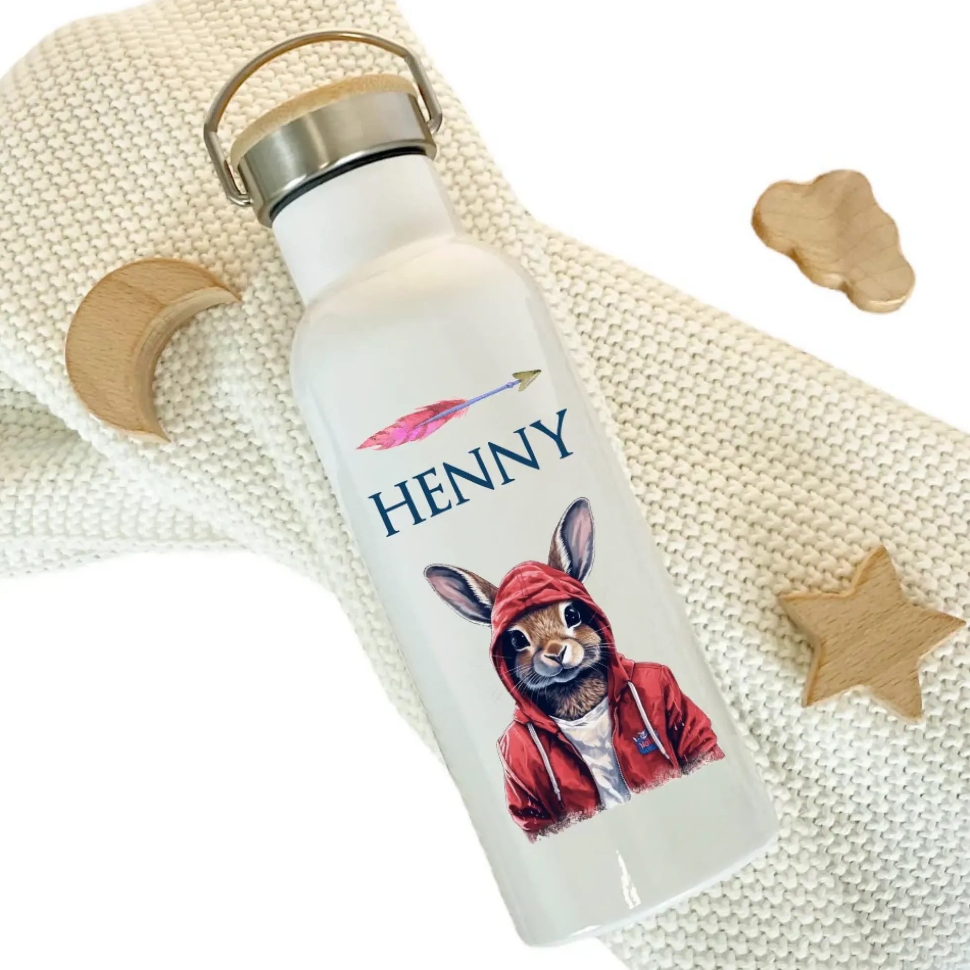 Kinder Trinkflasche "cooler Hase" personalisiert für Jungen / Teenager mit Namen | Edelstahl Thermosflasche Tiermotiv mit Bambusdeckel | Kita Schule 500ml