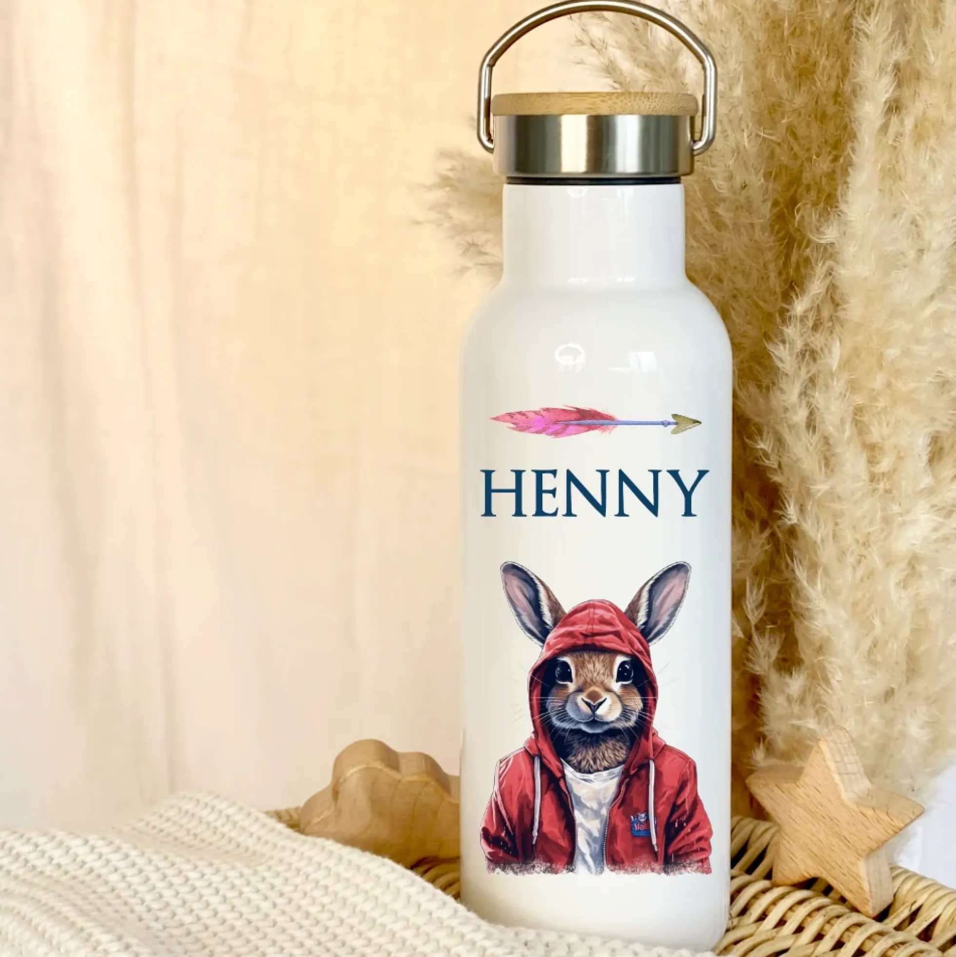 Kinder Trinkflasche "cooler Hase" personalisiert für Jungen / Teenager mit Namen | Edelstahl Thermosflasche Tiermotiv mit Bambusdeckel | Kita Schule 500ml