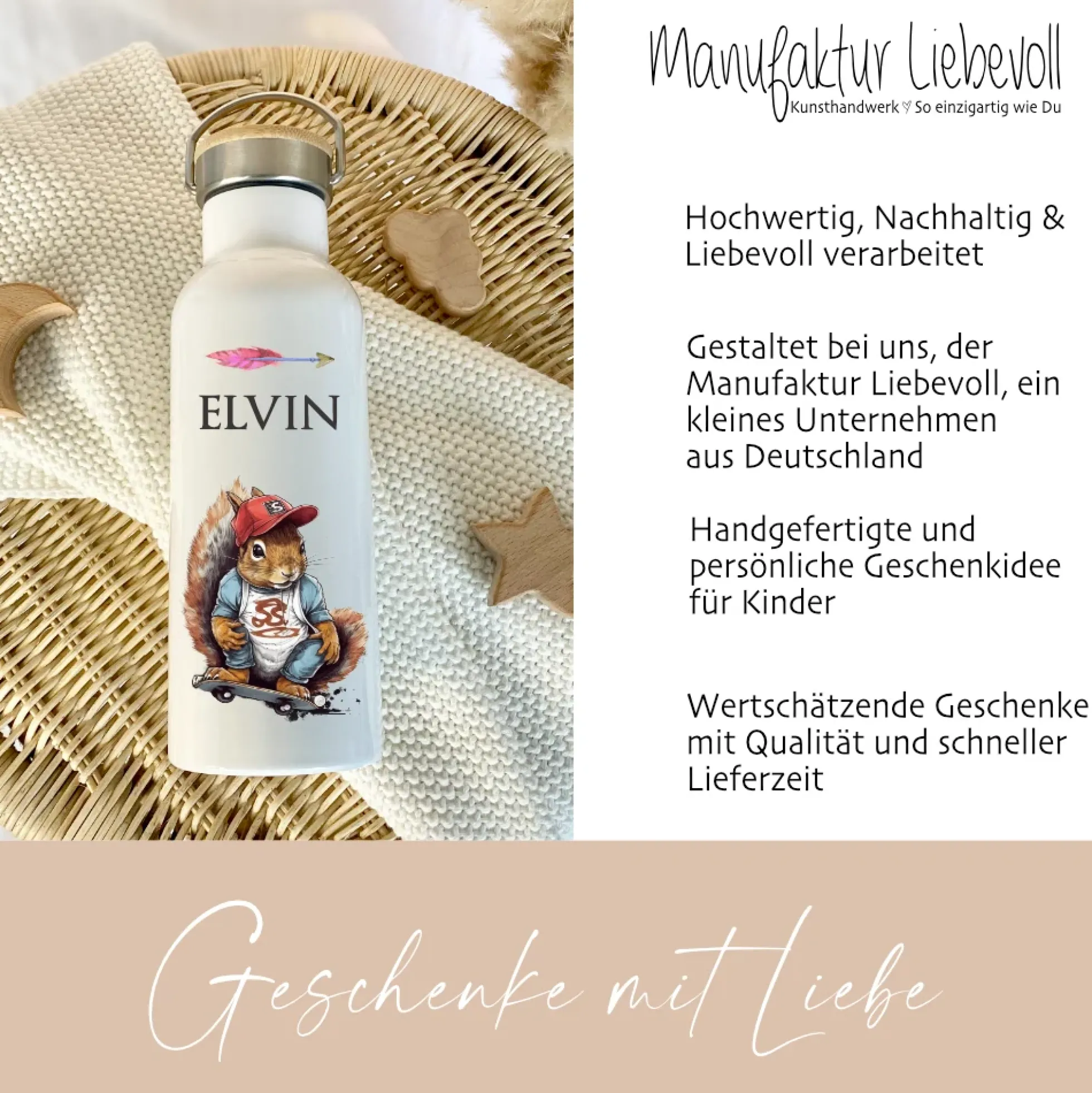 Kinder Trinkflasche "Eichhörnchen Skater" personalisiert für Jungen / Teenager mit Namen | Edelstahl Thermosflasche Tiermotiv mit Bambusdeckel | Kita Schule 500ml