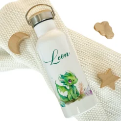 Kinder Trinkflasche "grüner Drache" für Jungen / Mädchen Geschenk mit Namen | Edelstahl Thermosflasche | Kita Schule 500ml