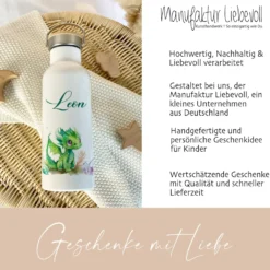 Kinder Trinkflasche "grüner Drache" für Jungen / Mädchen Geschenk mit Namen | Edelstahl Thermosflasche | Kita Schule 500ml
