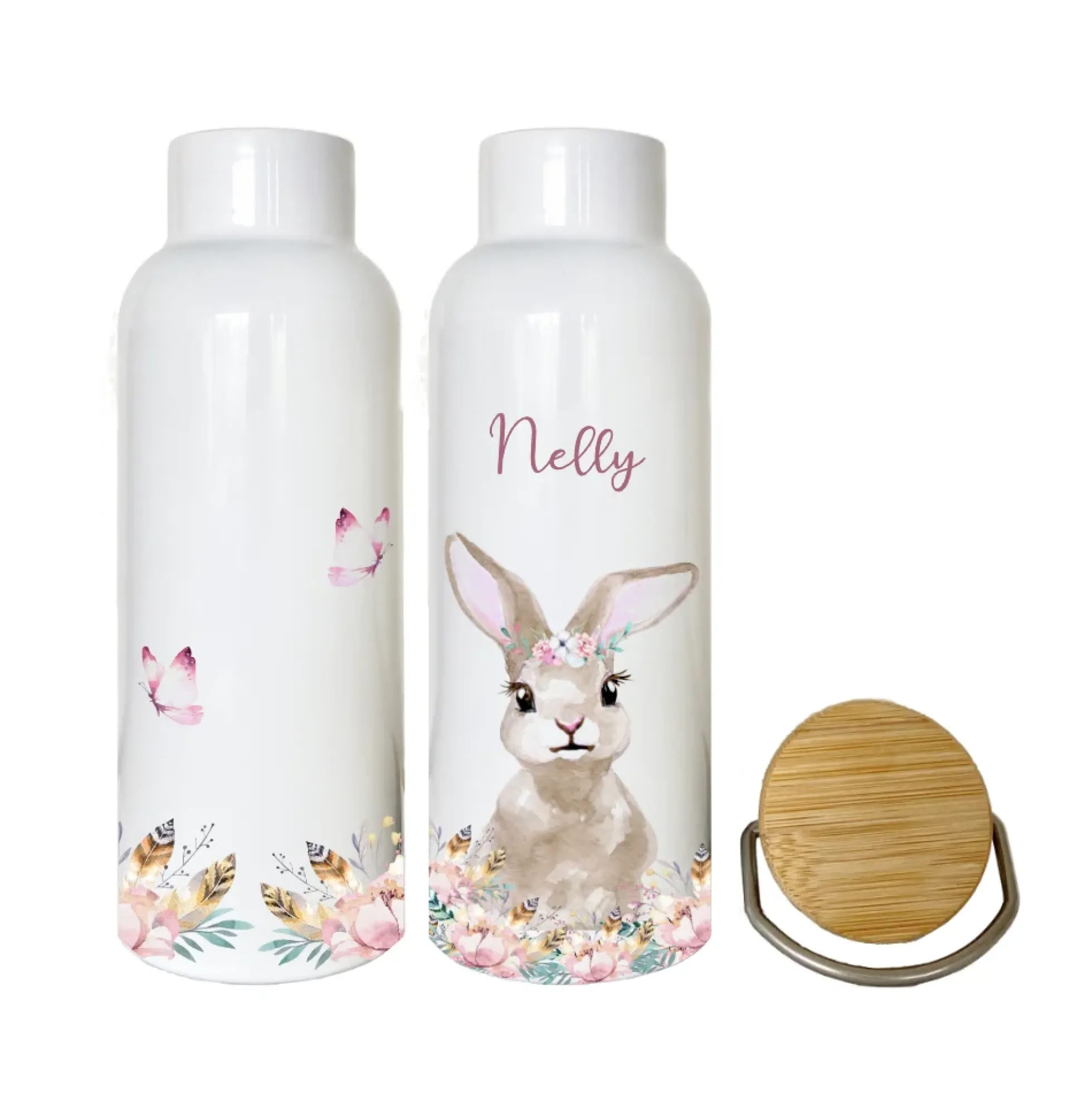 Kindertrinkflasche "Hase Blumen" mit Namen für Kinder personalisiert | Trinkflasche für Mädchen mit Häschen | Thermosflasche aus Edelstahl | 500ml | 11 Motivvarianten zur Auswahl