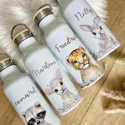 Kindertrinkflasche "Hase Blumen" mit Namen für Kinder personalisiert | Trinkflasche für Mädchen mit Häschen | Thermosflasche aus Edelstahl | 500ml | 11 Motivvarianten zur Auswahl