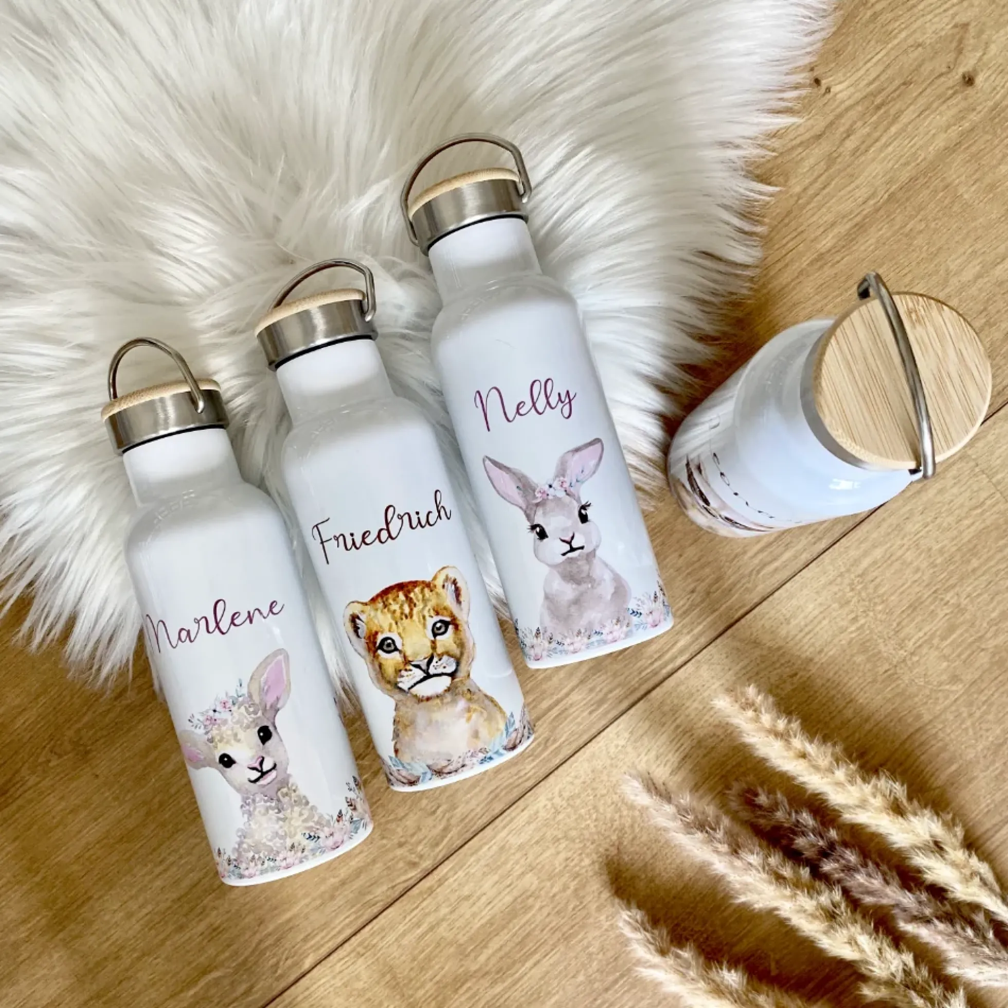 Kindertrinkflasche "Hase Blumen" mit Namen für Kinder personalisiert | Trinkflasche für Mädchen mit Häschen | Thermosflasche aus Edelstahl | 500ml | 11 Motivvarianten zur Auswahl