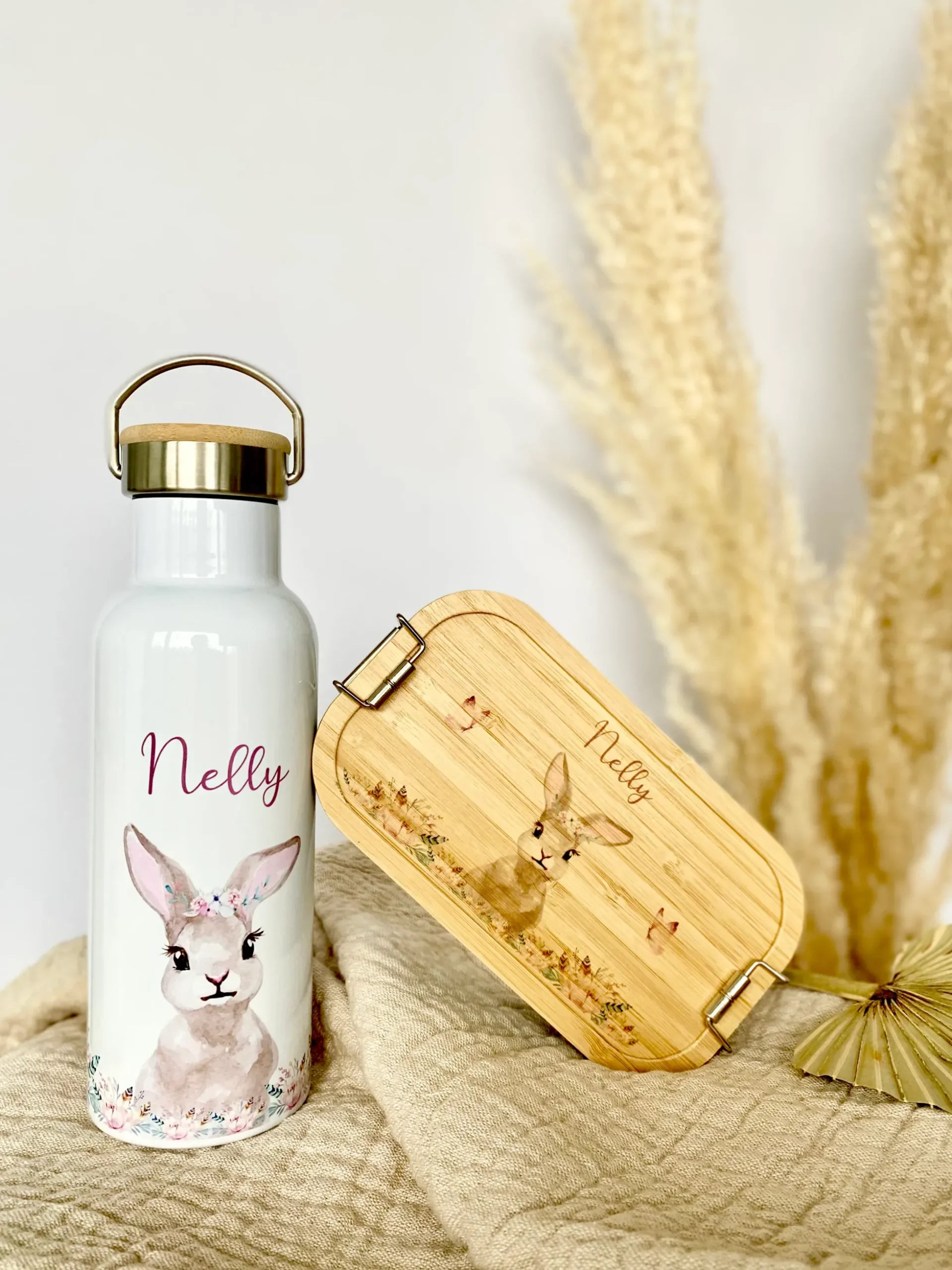 Kindertrinkflasche "Hase Blumen" mit Namen für Kinder personalisiert | Trinkflasche für Mädchen mit Häschen | Thermosflasche aus Edelstahl | 500ml | 11 Motivvarianten zur Auswahl