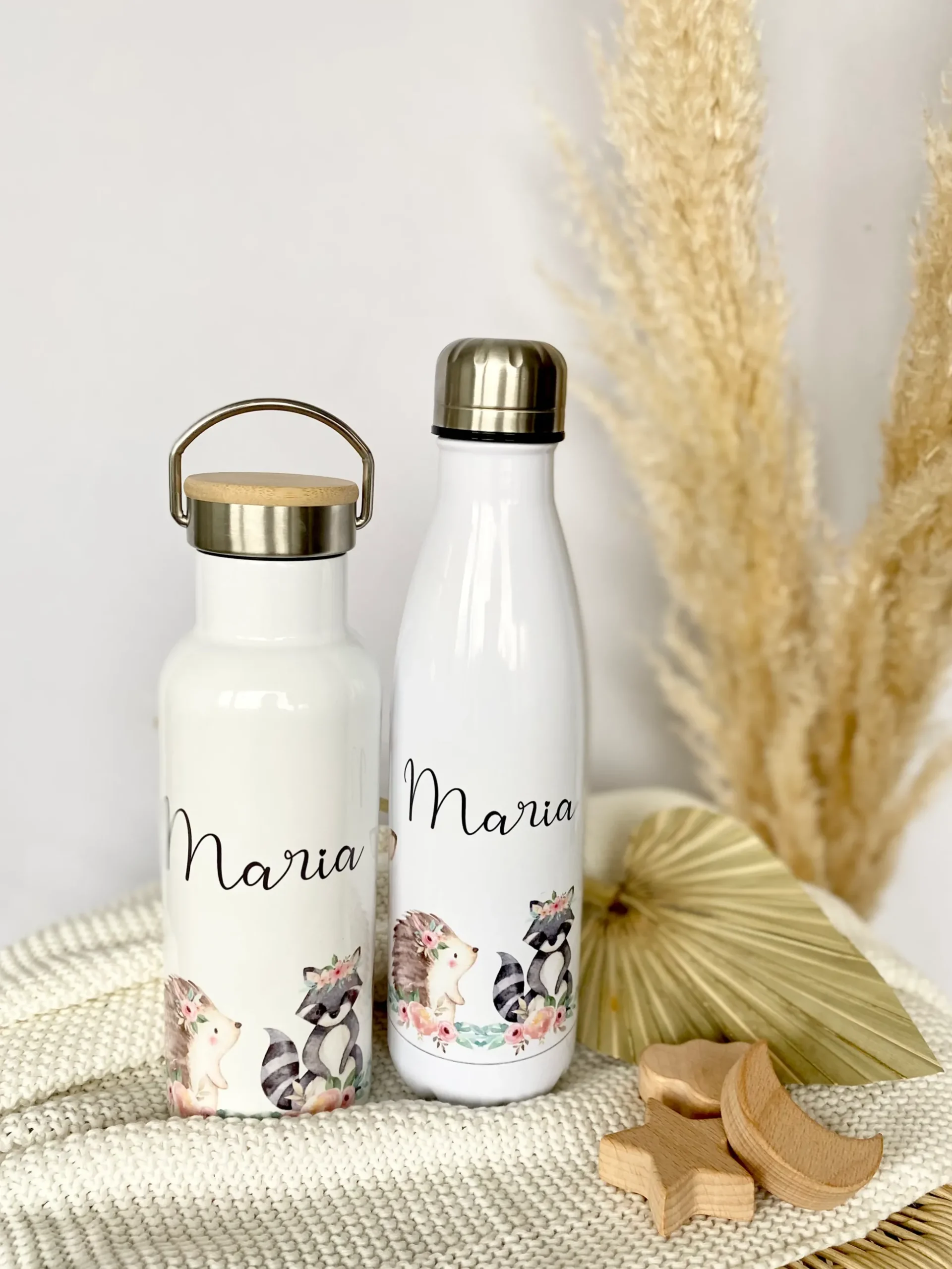 Kindertrinkflasche "Hase Blumen" mit Namen für Kinder personalisiert | Trinkflasche für Mädchen mit Häschen | Thermosflasche aus Edelstahl | 500ml | 11 Motivvarianten zur Auswahl