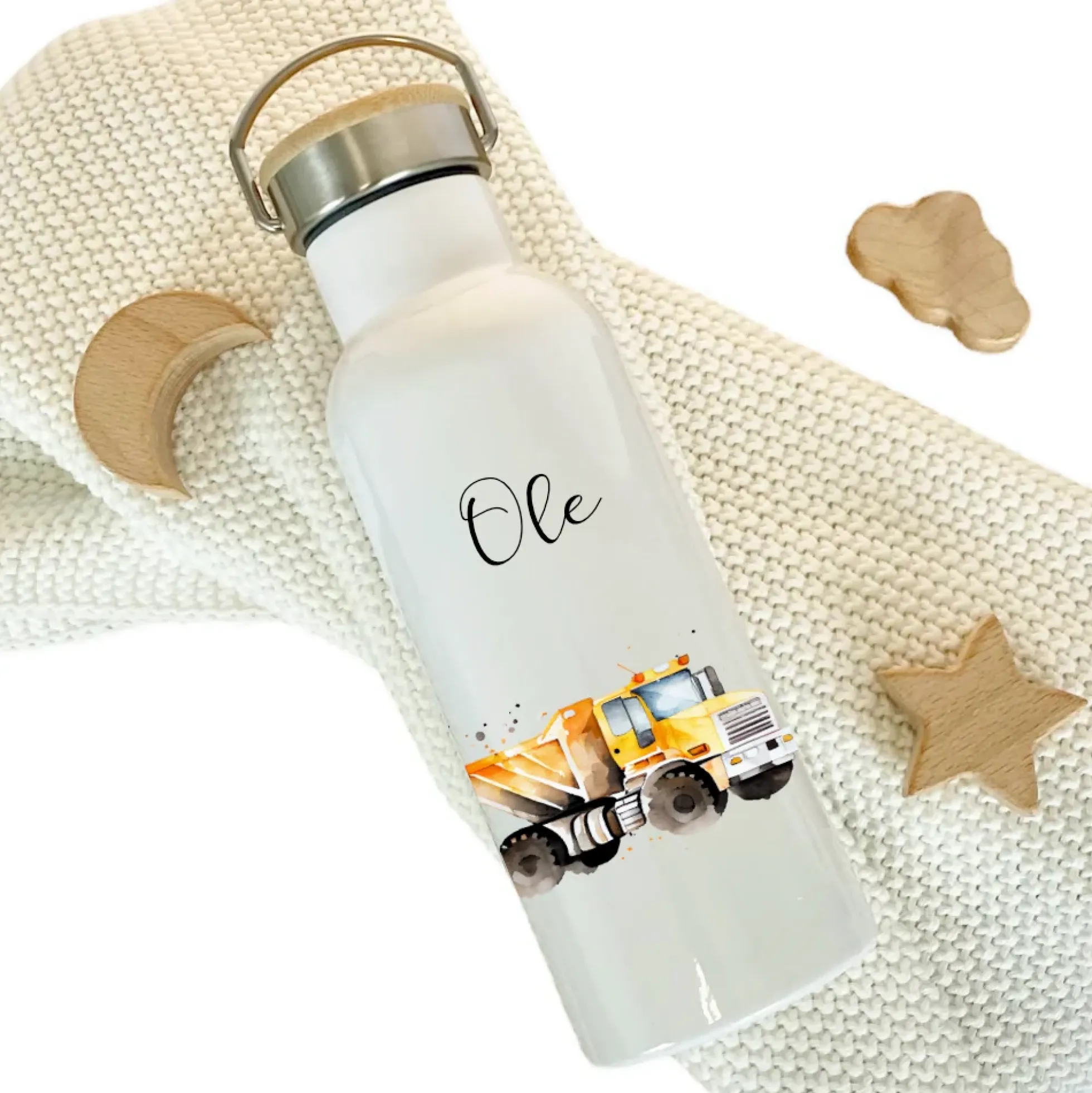 Kinder Trinkflasche "LKW Baustelle" für Jungen mit Namen personalisiert | Thermosflasche aus Edelstahl mit Bambusdeckel für Kita Schule| 500ml