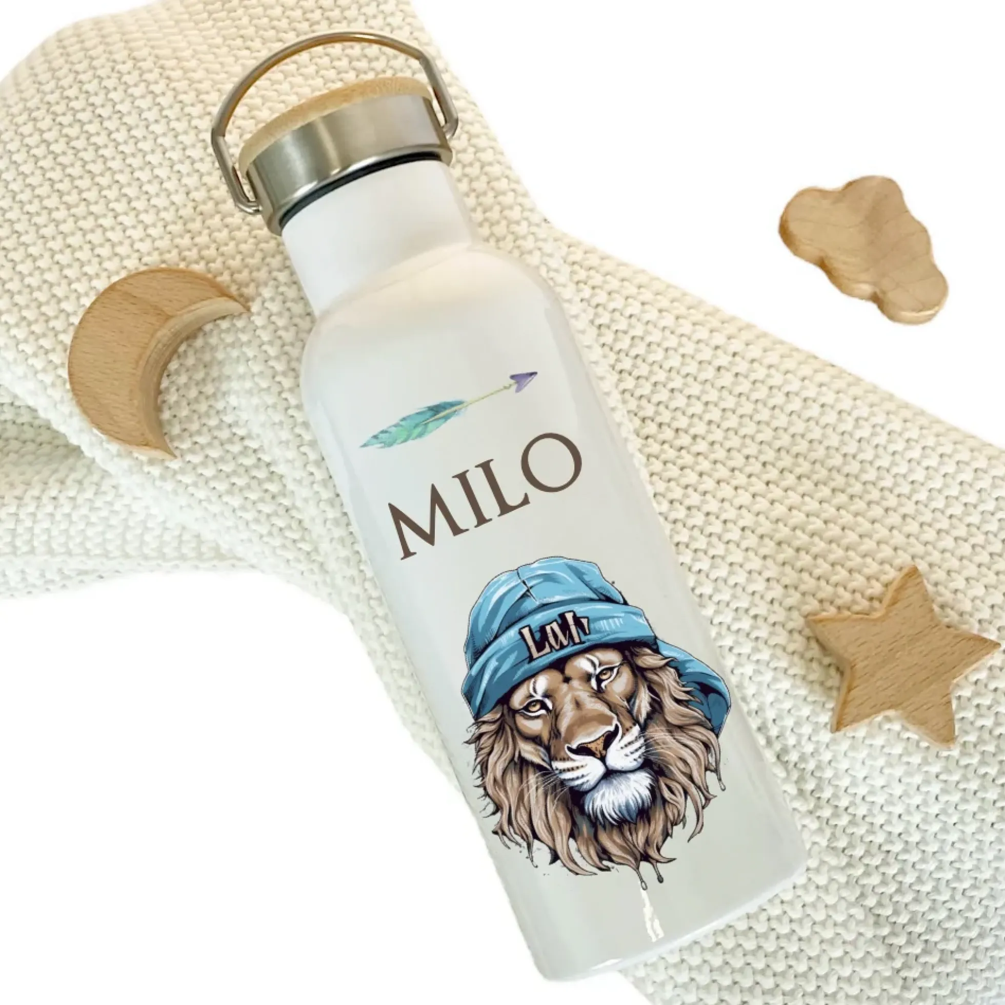 Kinder Trinkflasche "Löwe" personalisiert für Jungen / Teenager mit Namen | Edelstahl Thermosflasche Tiermotiv mit Bambusdeckel | Kita Schule 500ml