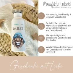 Kinder Trinkflasche "Löwe" personalisiert für Jungen / Teenager mit Namen | Edelstahl Thermosflasche Tiermotiv mit Bambusdeckel | Kita Schule 500ml