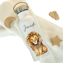Kinder Trinkflasche "Löwe" personalisiert für Jungen / Mädchen mit Namen | Edelstahl Thermosflasche Tiermotiv mit Bambusdeckel | Kita Schule 500ml