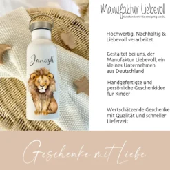 Kinder Trinkflasche "Löwe" personalisiert für Jungen / Mädchen mit Namen | Edelstahl Thermosflasche Tiermotiv mit Bambusdeckel | Kita Schule 500ml