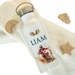 Kinder Trinkflasche "Motorrad" für Jungen mit Namen | Thermosflasche Motorradfahrer aus Edelstahl für Teenager Kita Schule Geschenk