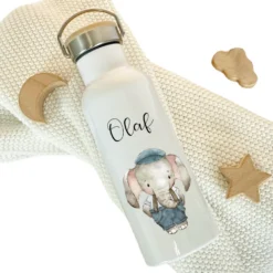Kinder Trinkflasche „retro Elefant" mit Namen für Mädchen Jungen | Edelstahl Thermosflasche für Kita Schule 500ml