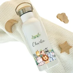 Kinder Trinkflasche "Tiere Safari" für Jungen / Mädchen mit Namen | Personalisierte Edelstahl Thermosflasche Tiermotiv mit Bambusdeckel | Kita Schule 500ml
