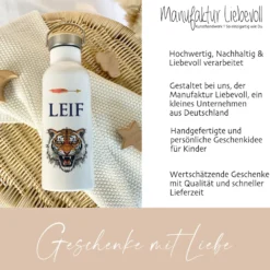 Kinder Trinkflasche "Tiger" für Jungen mit Namen | Thermosflasche Tier Edelstahl Teenager Kita Schule Geschenk