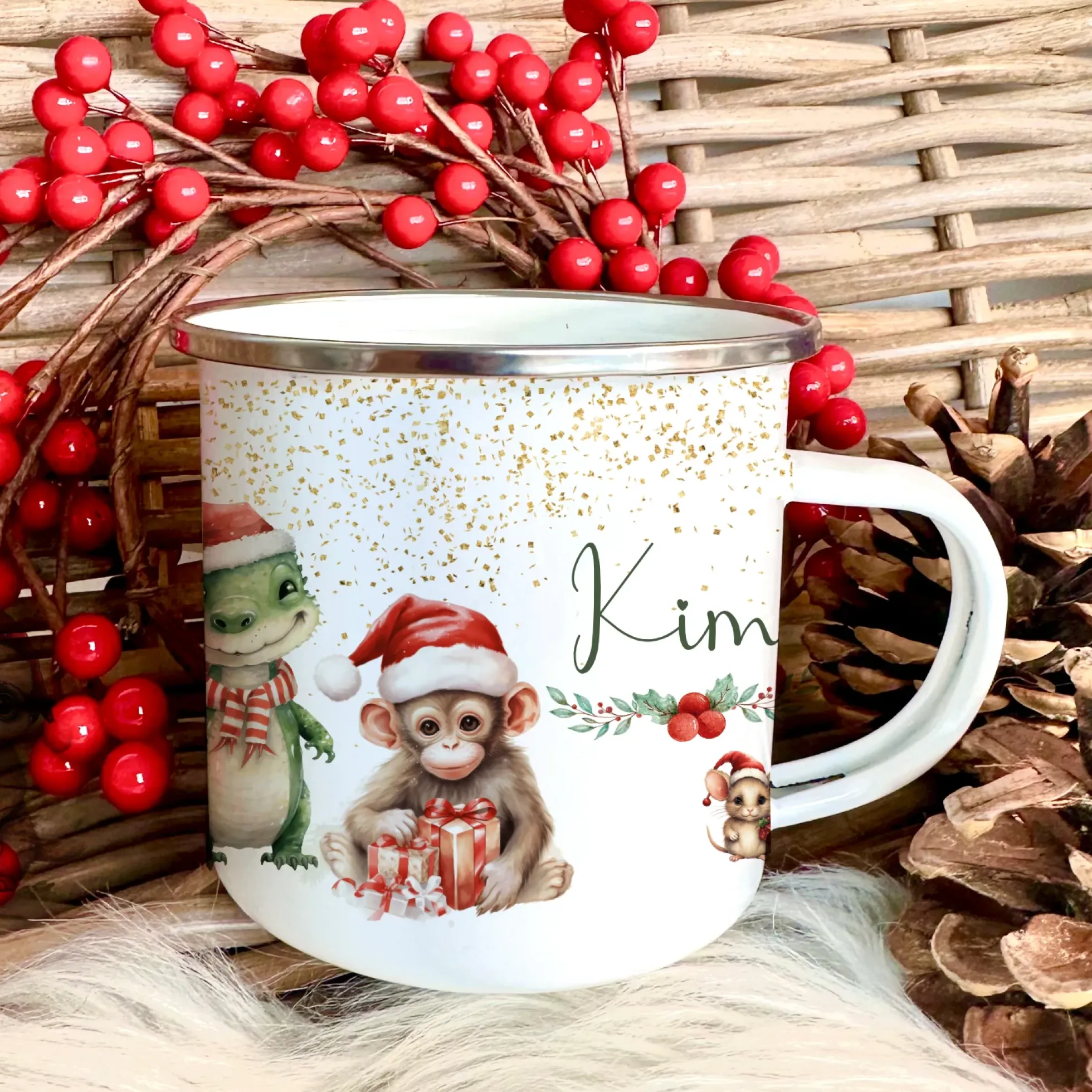 Kinder Weihnachtstasse "Dino" | Tasse mit Namen personalisiert | Kinderbecher aus Emaille mit Weihnachtsmotiv | Weihnachtsgeschenk Nikolaus für Mädchen Jungen | 7 Produktvarianten zur Auswahl