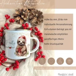 Kinder Weihnachtstasse "Faultier" | Tasse mit Namen personalisiert | Kinderbecher aus Emaille mit Weihnachtsmotiv | Weihnachtsgeschenk Nikolaus für Mädchen Jungen Teenager | 7 Produktvarianten zur Auswahl