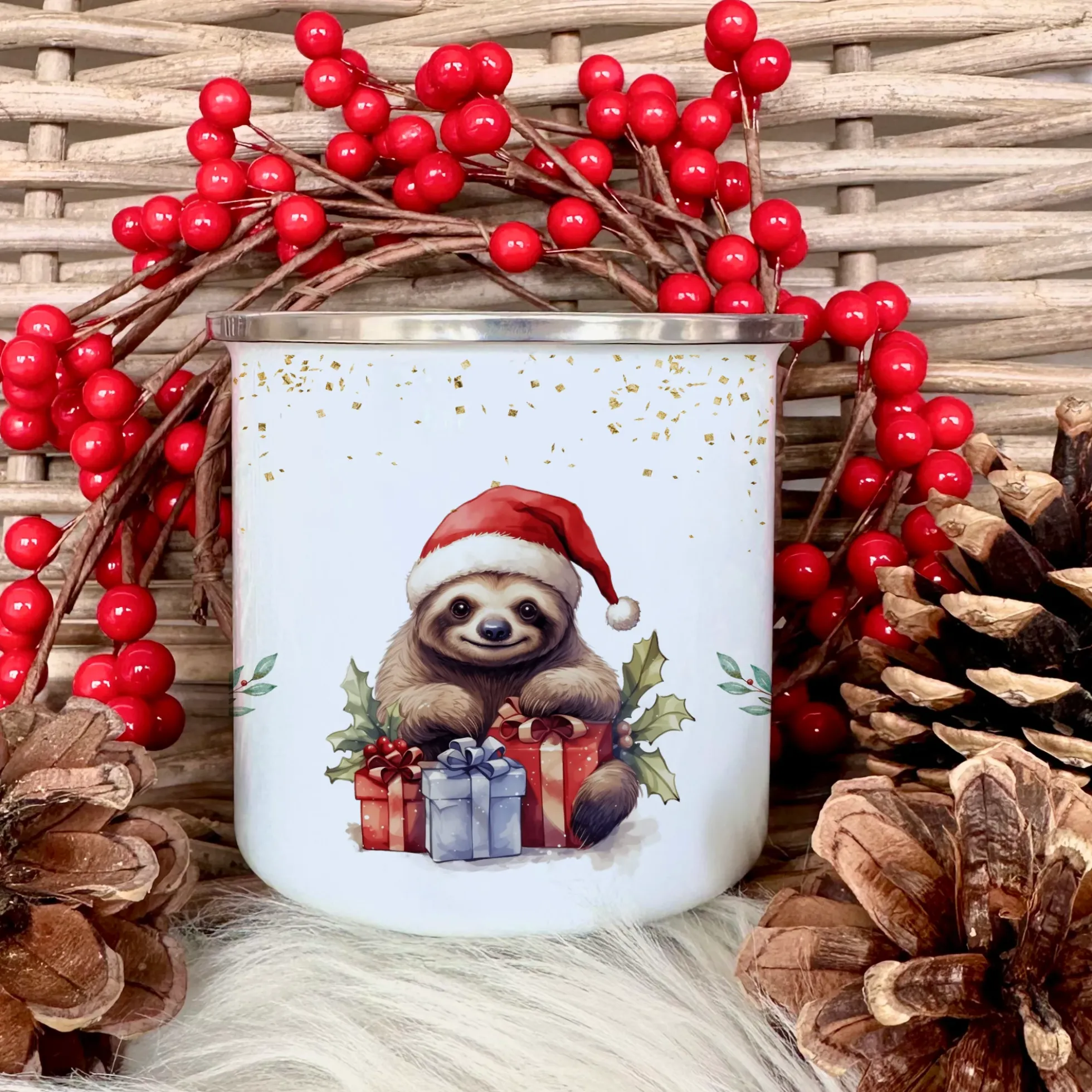 Kinder Weihnachtstasse "Faultier" | Tasse mit Namen personalisiert | Kinderbecher aus Emaille mit Weihnachtsmotiv | Weihnachtsgeschenk Nikolaus für Mädchen Jungen Teenager | 7 Produktvarianten zur Auswahl