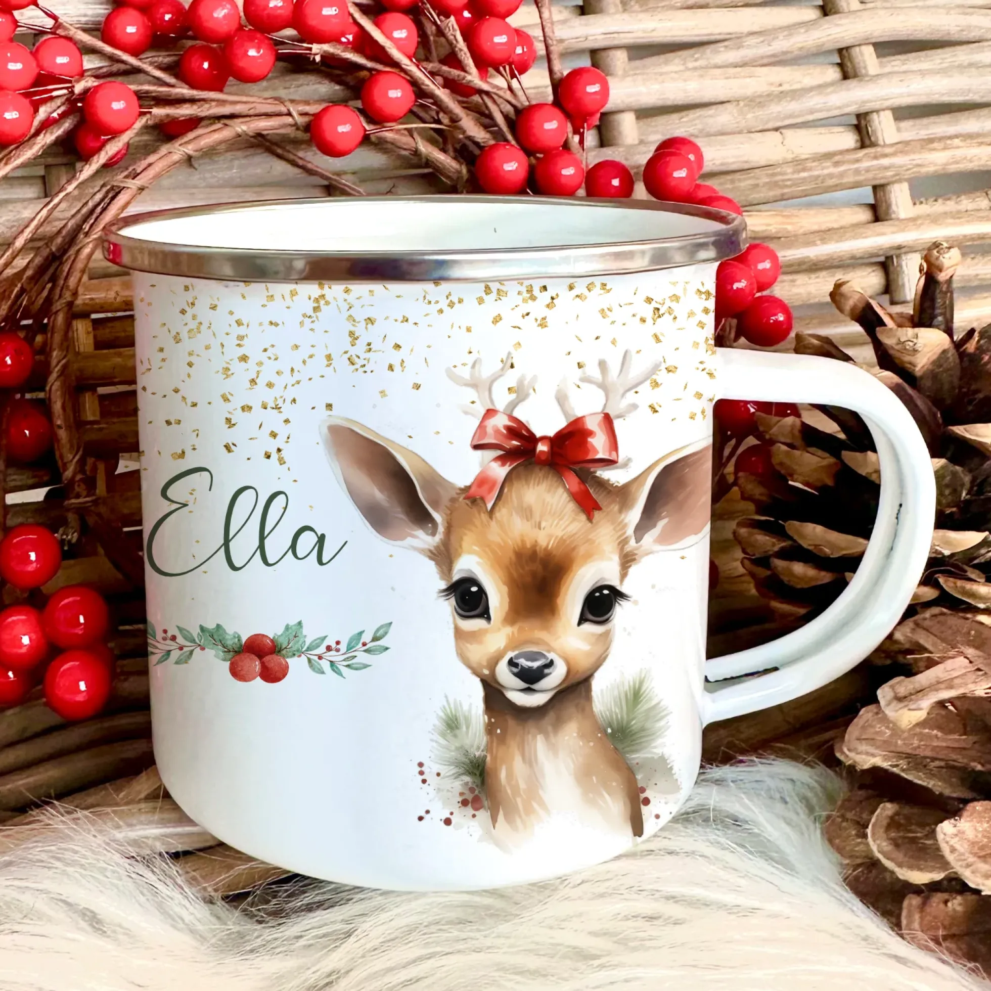 Kinder Weihnachtstasse "Faultier" | Tasse mit Namen personalisiert | Kinderbecher aus Emaille mit Weihnachtsmotiv | Weihnachtsgeschenk Nikolaus für Mädchen Jungen Teenager | 7 Produktvarianten zur Auswahl
