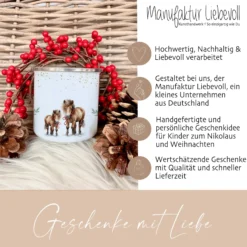 Kinder Weihnachtstasse "Pferd" | Tasse mit Namen personalisiert | Kinderbecher aus Emaille mit Weihnachtsmotiv "Pony" | Weihnachtsgeschenk Nikolaus für Mädchen | 7 Produktvarianten zur Auswahl