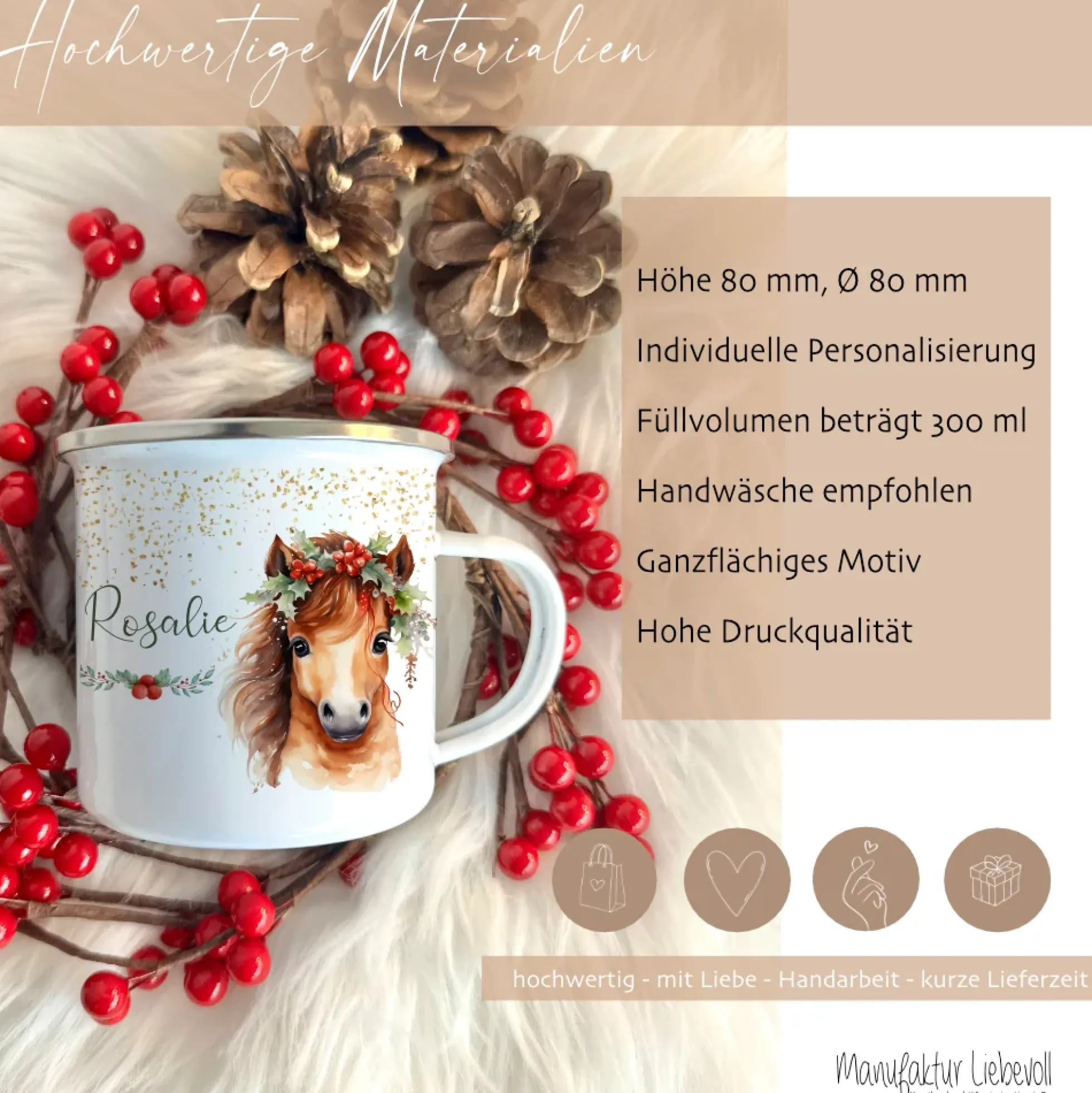 Kinder Weihnachtstasse "Pferd" | Tasse mit Namen personalisiert | Kinderbecher aus Emaille mit Weihnachtsmotiv "Pony" | Weihnachtsgeschenk Nikolaus für Mädchen | 7 Produktvarianten zur Auswahl