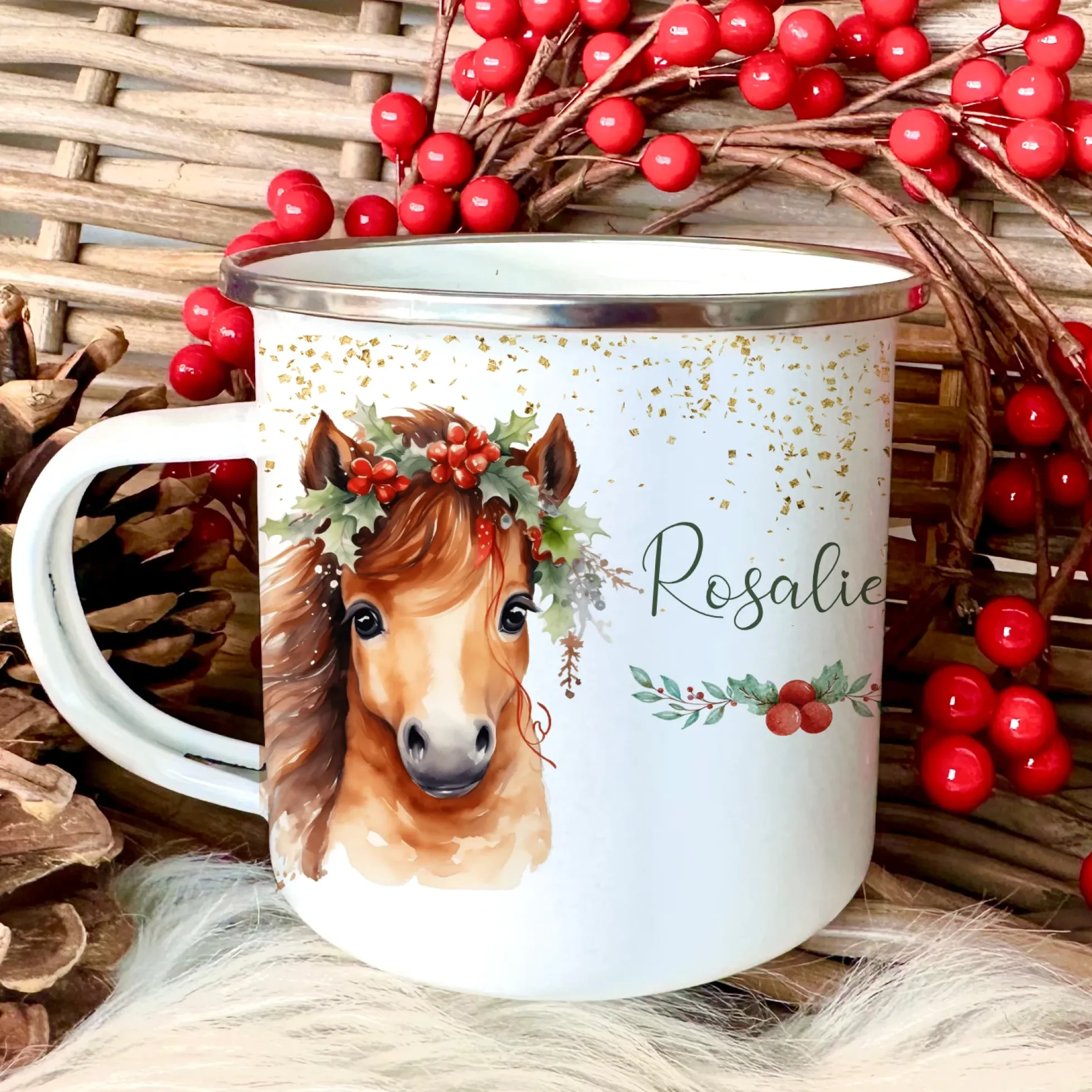 Kinder Weihnachtstasse "Pferd" | Tasse mit Namen personalisiert | Kinderbecher aus Emaille mit Weihnachtsmotiv "Pony" | Weihnachtsgeschenk Nikolaus für Mädchen | 7 Produktvarianten zur Auswahl
