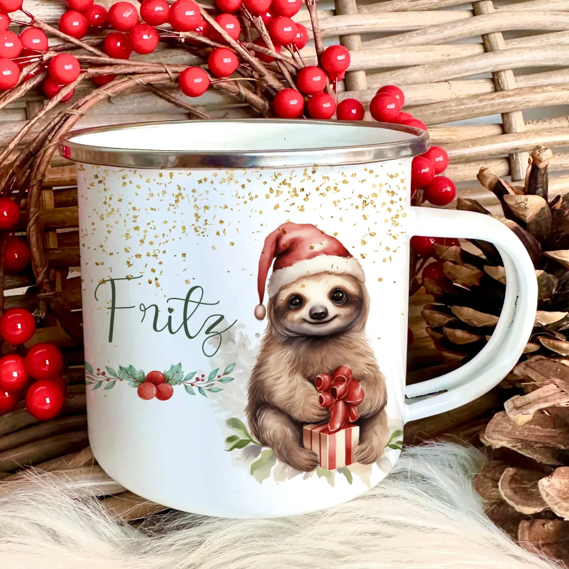 Kinder Weihnachtstasse "Pferd" | Tasse mit Namen personalisiert | Kinderbecher aus Emaille mit Weihnachtsmotiv "Pony" | Weihnachtsgeschenk Nikolaus für Mädchen | 7 Produktvarianten zur Auswahl
