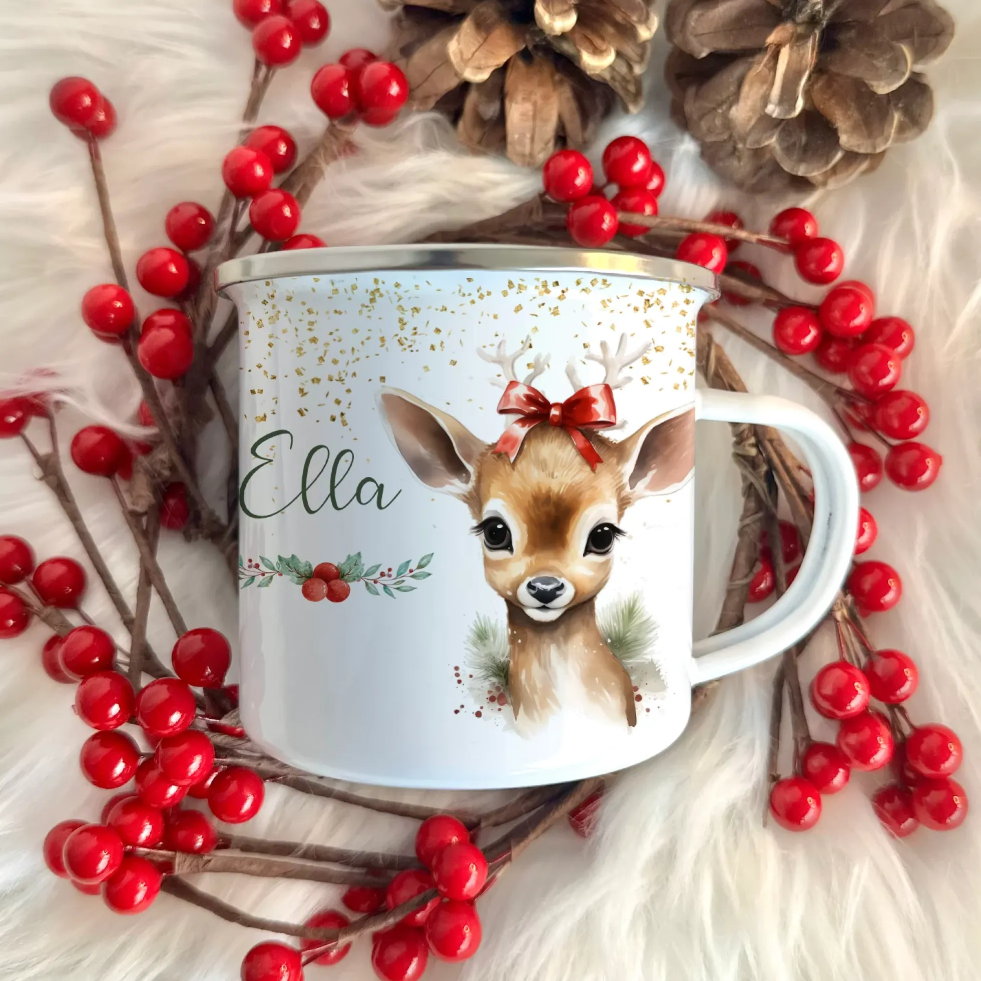 Kinder Weihnachtstasse "Rehkitz" | Tasse mit Namen personalisiert | Kinderbecher aus Emaille mit Weihnachtsmotiv "Pony" | Weihnachtsgeschenk Nikolaus für Mädchen | 7 Produktvarianten zur Auswahl