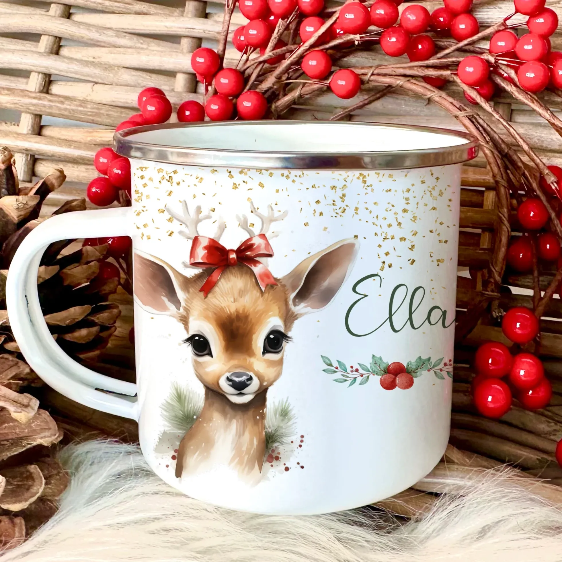 Kinder Weihnachtstasse "Rehkitz" | Tasse mit Namen personalisiert | Kinderbecher aus Emaille mit Weihnachtsmotiv "Pony" | Weihnachtsgeschenk Nikolaus für Mädchen | 7 Produktvarianten zur Auswahl