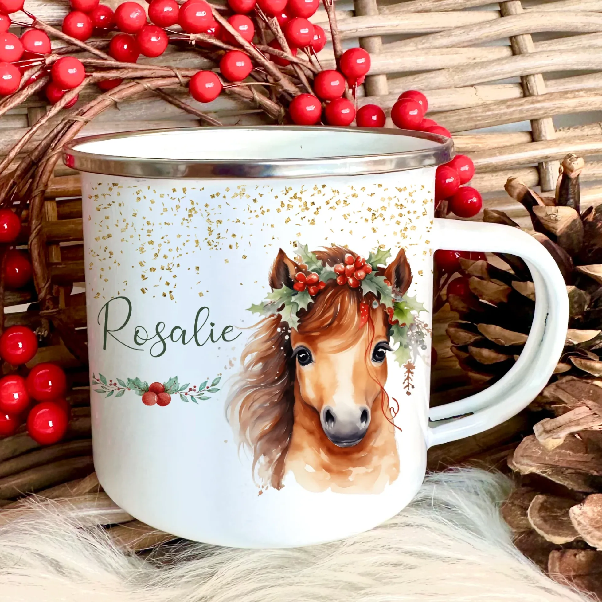 Kinder Weihnachtstasse "Rehkitz" | Tasse mit Namen personalisiert | Kinderbecher aus Emaille mit Weihnachtsmotiv "Pony" | Weihnachtsgeschenk Nikolaus für Mädchen | 7 Produktvarianten zur Auswahl