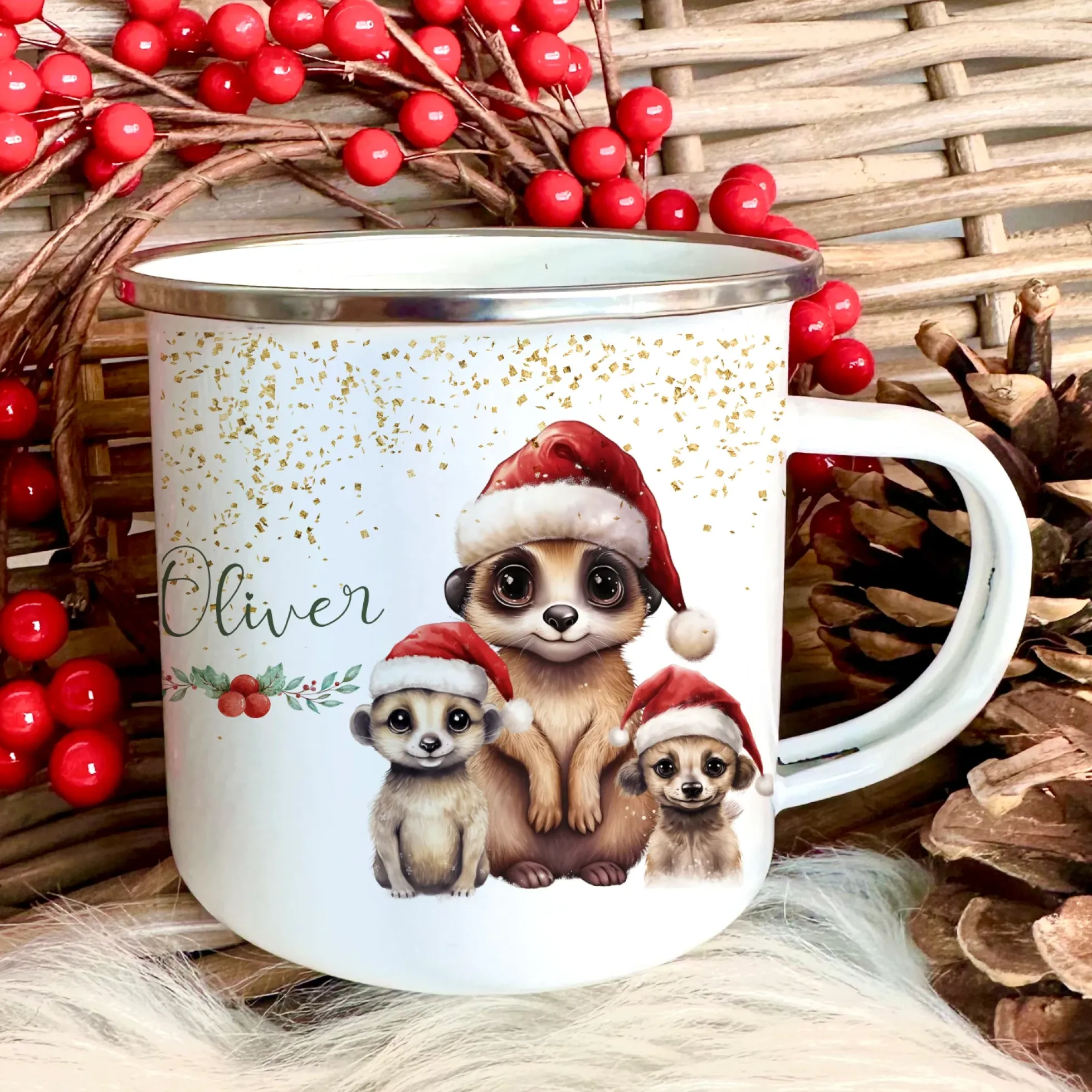 Kinder Weihnachtstasse "Rehkitz" | Tasse mit Namen personalisiert | Kinderbecher aus Emaille mit Weihnachtsmotiv "Pony" | Weihnachtsgeschenk Nikolaus für Mädchen | 7 Produktvarianten zur Auswahl