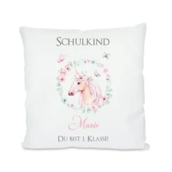Kissen für das Schulkind mit Einhorn | Personalisiertes Geschenk für Mädchen zur Einschulung | Kissengeschenk, handgefertigt mit dem Namen des Einschulungskindes