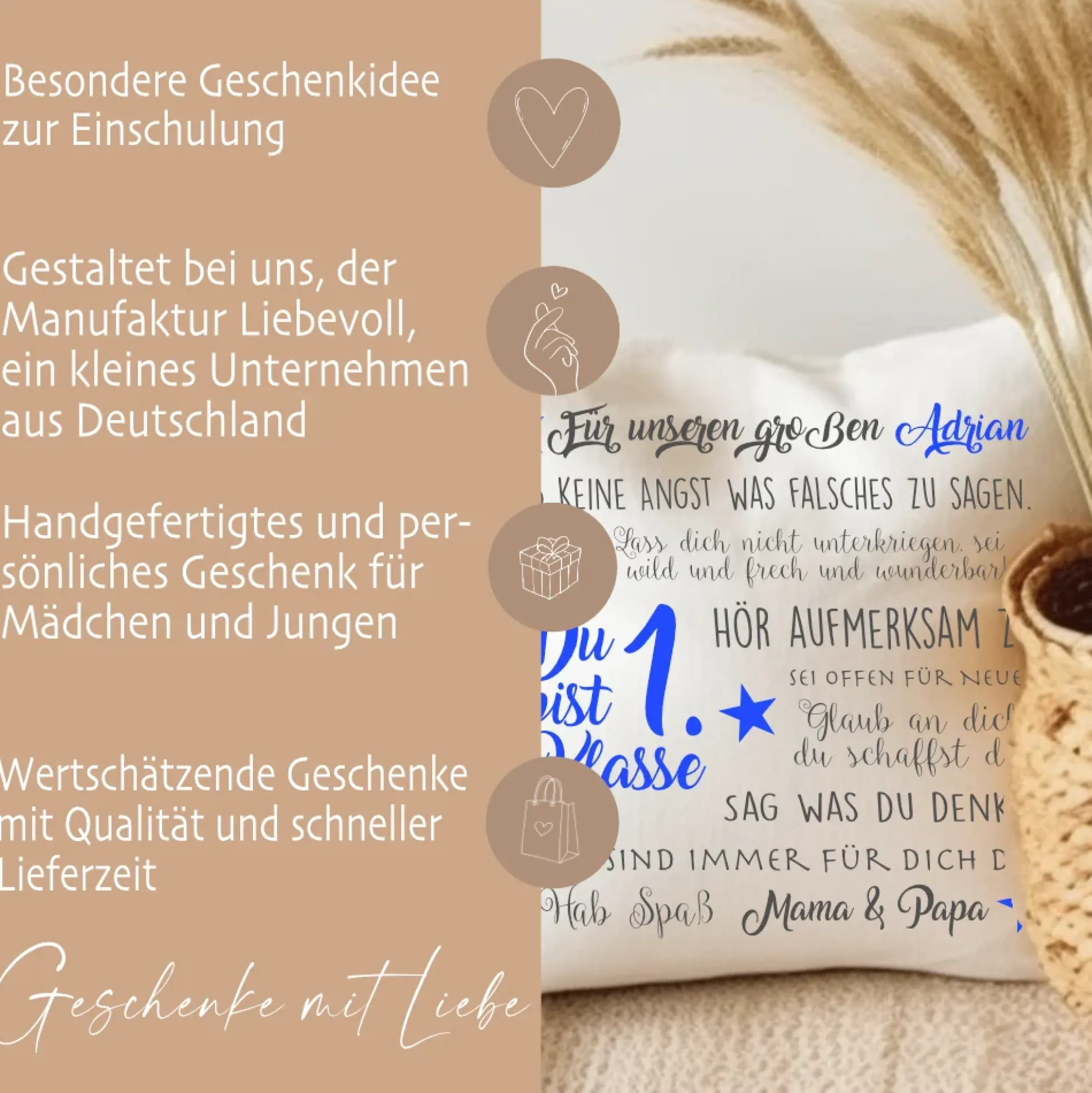 Kissen zur Einschulung "Du bist 1. Klasse" | Personalisiertes Einschulungsgeschenk für Mädchen und Jungen | 4 Varianten zur Auswahl