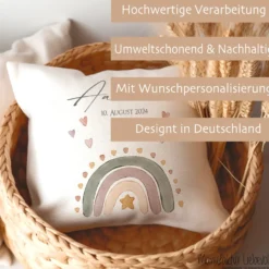 Kissen zur Geburt u. Taufe mit Namen u. Geburtsdaten, Motiv: Regenbogen