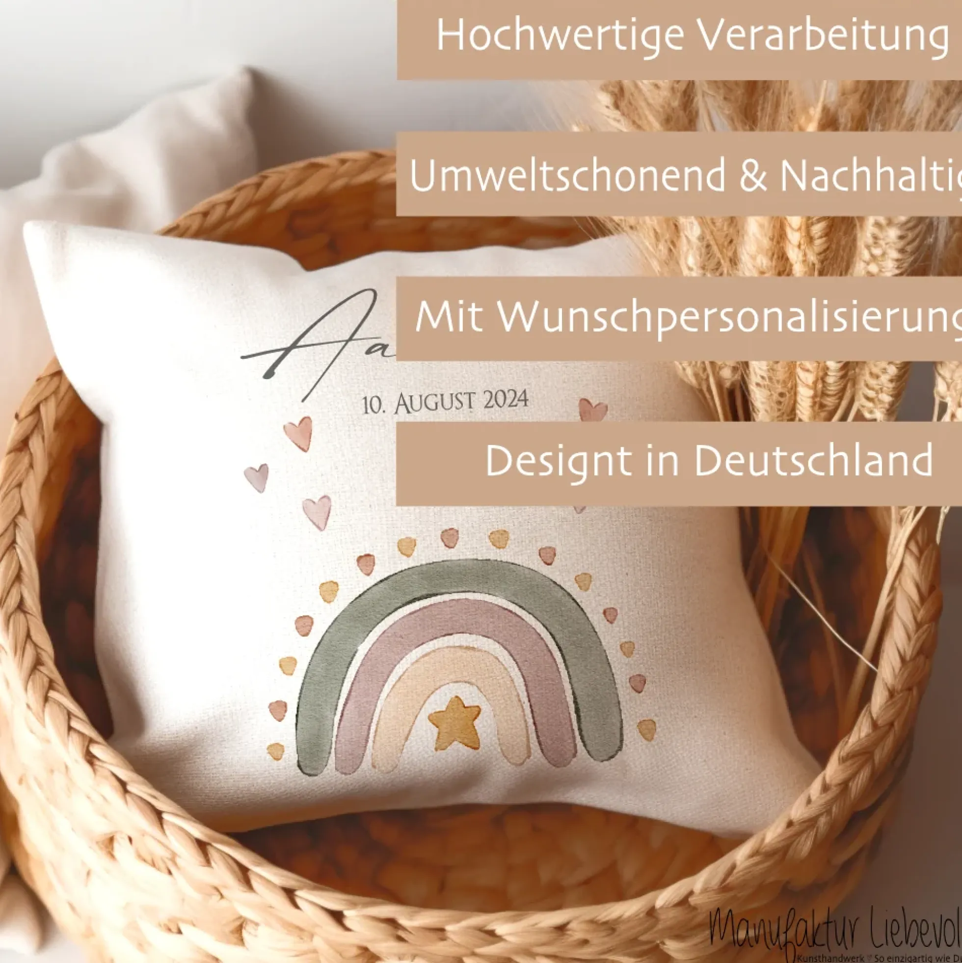 Kissen zur Geburt u. Taufe mit Namen u. Geburtsdaten, Motiv: Regenbogen